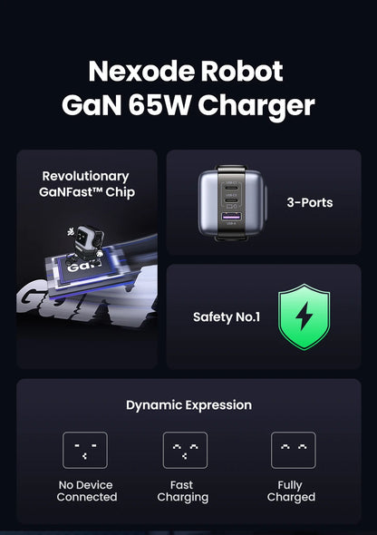UGREEN 65W GaN Charger Uno Robot Design Quick Charge 4.0 3.0 PPS PD Fast Charger for iPhone 17 16 15 Pro Macbook  Laptop Tablet