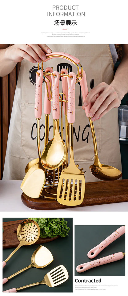 7pcs stainless steel spatula soup spoon kitchenware set cooking spatula kitchen supplies ceramic handle Nordic kitchen tools