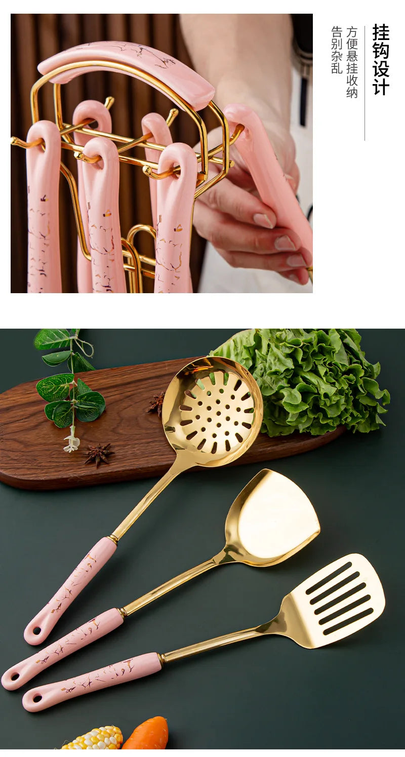 7pcs stainless steel spatula soup spoon kitchenware set cooking spatula kitchen supplies ceramic handle Nordic kitchen tools