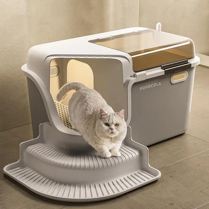 Large Cat Litter Boxes Corridor Style Design Enclosed Litter Tray Odor Splash-Proof Kitten Toilet Convenient Lid Pet Clean
