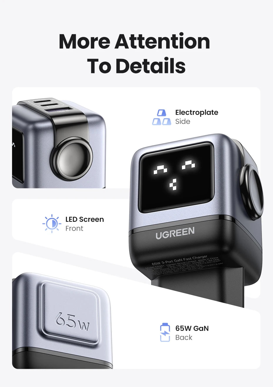 UGREEN 65W GaN Charger Uno Robot Design Quick Charge 4.0 3.0 PPS PD Fast Charger for iPhone 17 16 15 Pro Macbook  Laptop Tablet