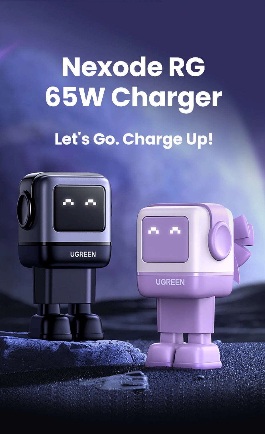 UGREEN 65W GaN Charger Uno Robot Design Quick Charge 4.0 3.0 PPS PD Fast Charger for iPhone 17 16 15 Pro Macbook  Laptop Tablet