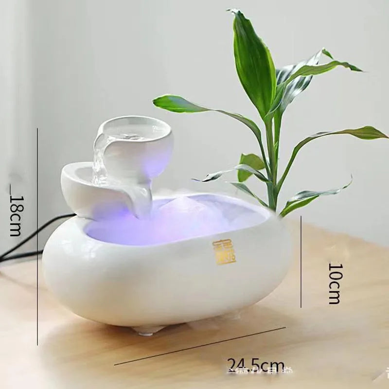 Ceramic Fountain Meditation Calming Waterfall Hydroponic Vase Fish Tank Feng Shui Water Feature Office Home Decor Powered