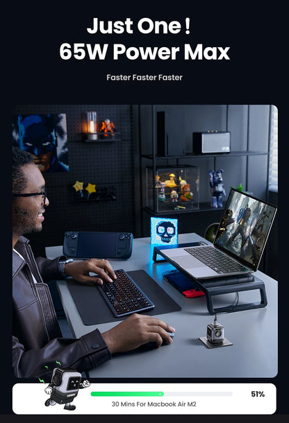 UGREEN 65W GaN Charger Uno Robot Design Quick Charge 4.0 3.0 PPS PD Fast Charger for iPhone 17 16 15 Pro Macbook  Laptop Tablet