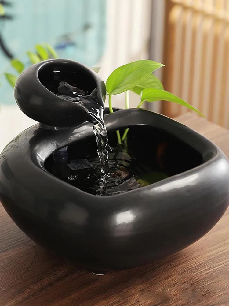 Ceramic Fountain Meditation Calming Waterfall Hydroponic Vase Fish Tank Feng Shui Water Feature Office Home Decor Powered