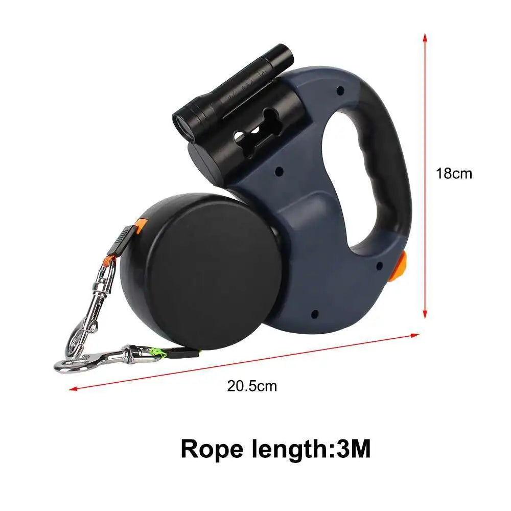 Auto Retractable Double-Ended Dog Leash 3m with LED Flashlight Waste Bag Box Roulette 360 Degree Dual Traction Rope Pet Supplies