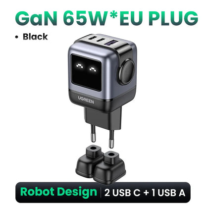 UGREEN 65W GaN Charger Uno Robot Design Quick Charge 4.0 3.0 PPS PD Fast Charger for iPhone 17 16 15 Pro Macbook  Laptop Tablet