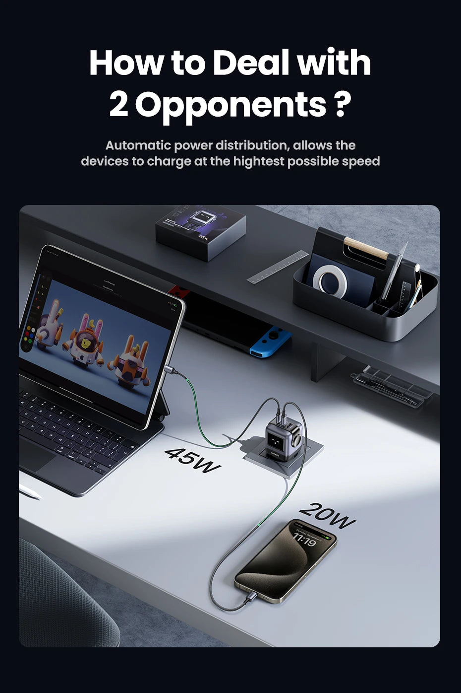 UGREEN 65W GaN Charger Uno Robot Design Quick Charge 4.0 3.0 PPS PD Fast Charger for iPhone 17 16 15 Pro Macbook  Laptop Tablet